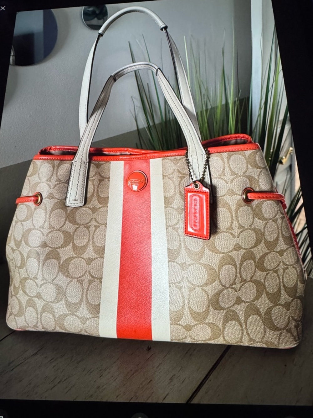 Coach Beige Tan Signature Tote with Orange Varsity Stripe